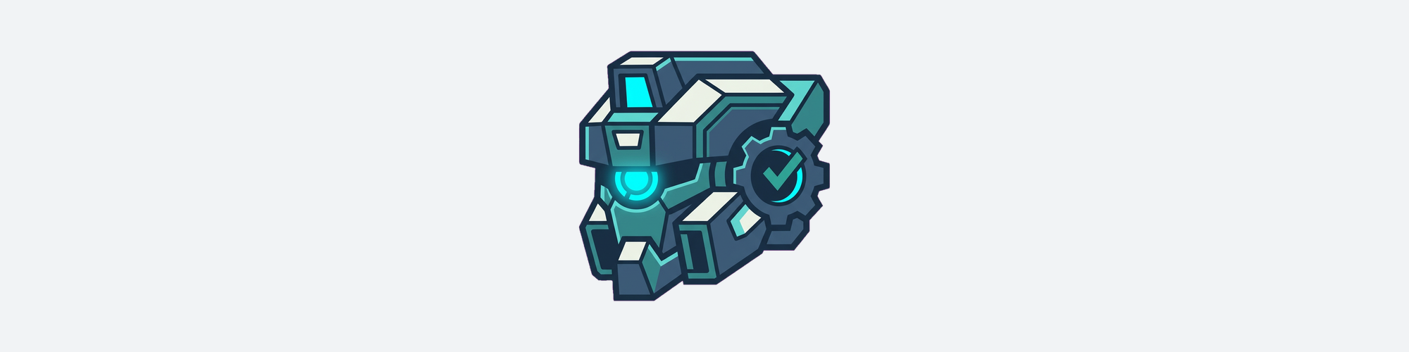The RiverRoot project logo: a flat, geometric mascot of an angular robot build-inspector in deep navy, slate and teal, with a bright cyan indicator light and a gear holding a check mark.
